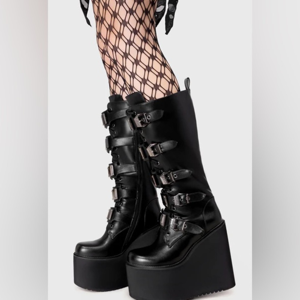 Killstar Black Vegan Leather Buckle Strap Platform‎ Wedge Boots Goth Knee High